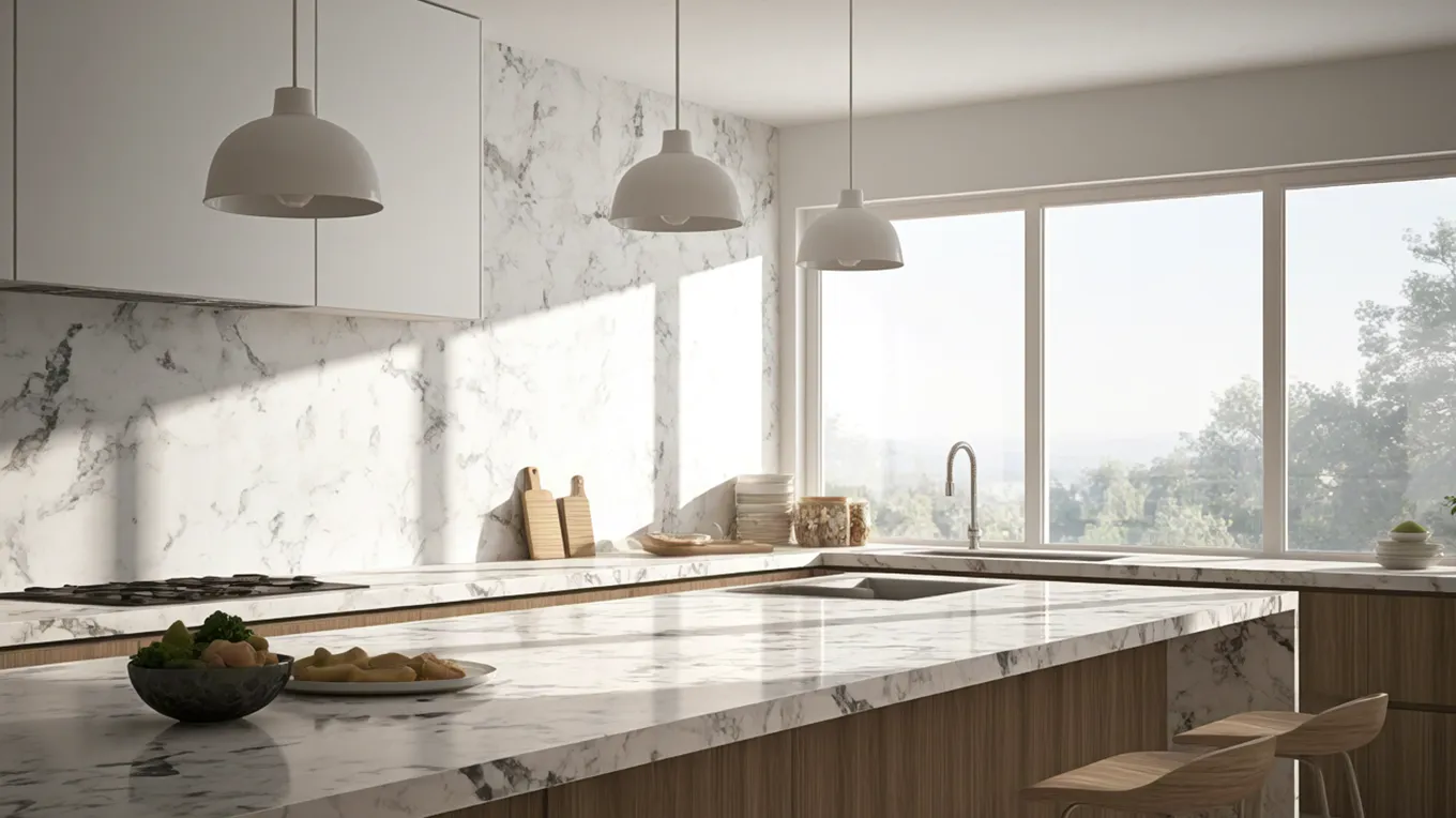 Clean white kitchen interior with marble accents
