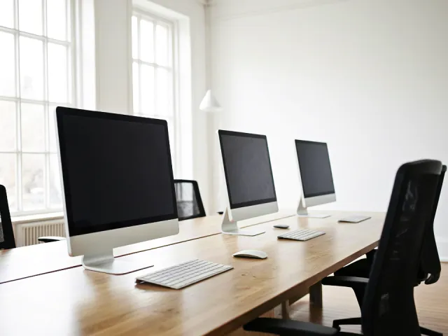 Bright office space with computers on wooden desks near large window.