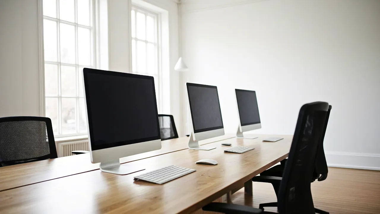 Bright office space with computers on wooden desks near large window.