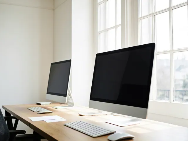 Bright modern office interior with two desktop computers on a wooden desk near large windows, minimalist workspace concept