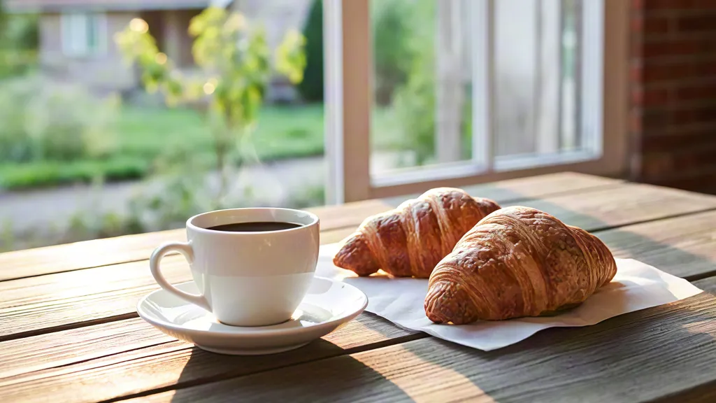 Morning coffee and croissants on wooden table by the window