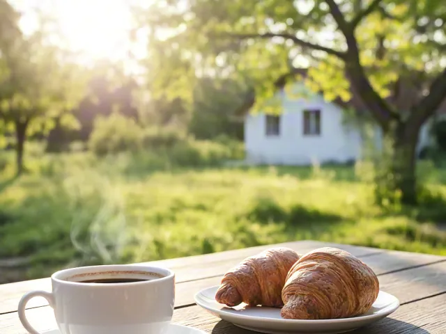 Cup of hot coffee and fresh croissants on wooden table in a sunny garden, symbolizing relaxation, comfort, and peaceful morning moments