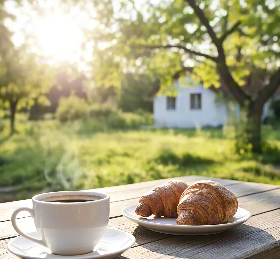 Morning coffee and croissants outdoors – cozy breakfast in nature