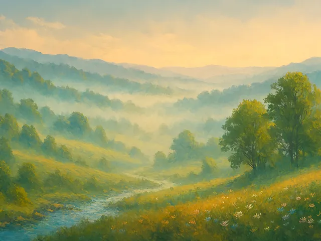 peaceful sunrise over a soft green meadow