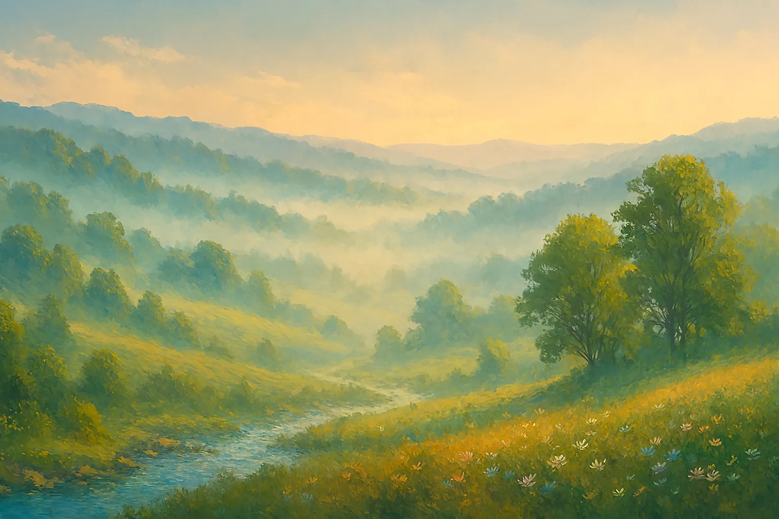 peaceful sunrise over a soft green meadow