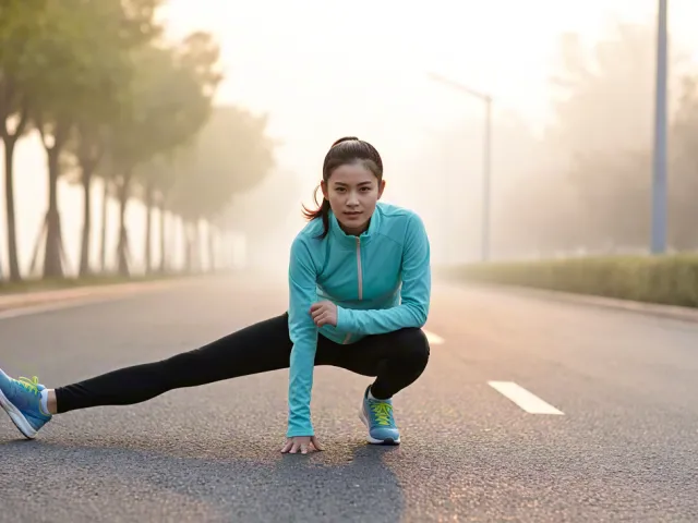 woman stretching on an empty road during sunrise