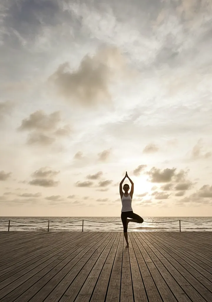 Morning yoga on seaside pier