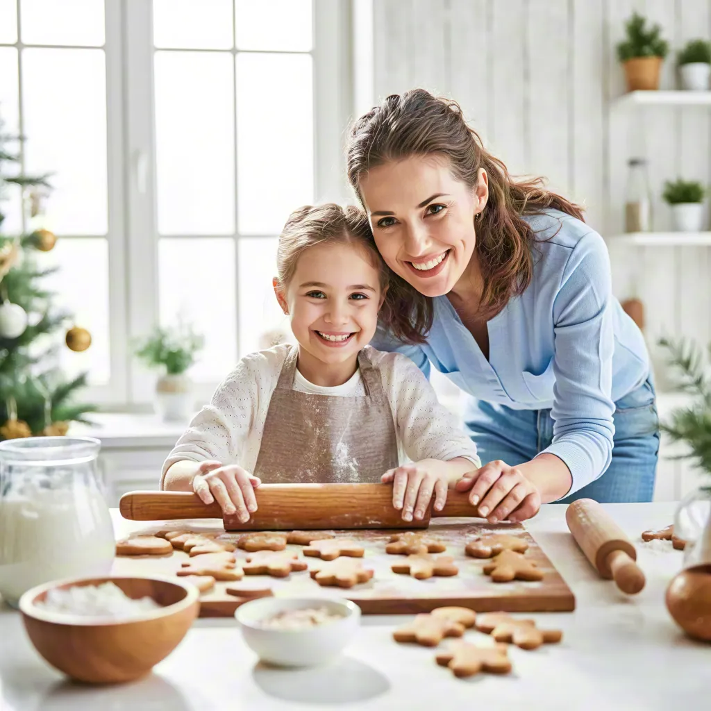 Mother and daughter baking Christmas cookies together