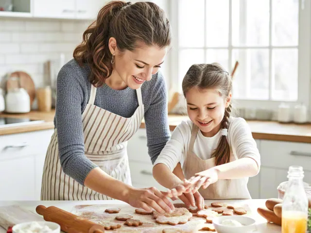 Mom and daughter making Christmas cookies together in warm kitchen