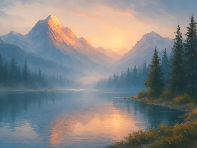 serene mountain lake with warm sunrise colors