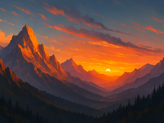 dramatic mountain peaks under warm sunset sky