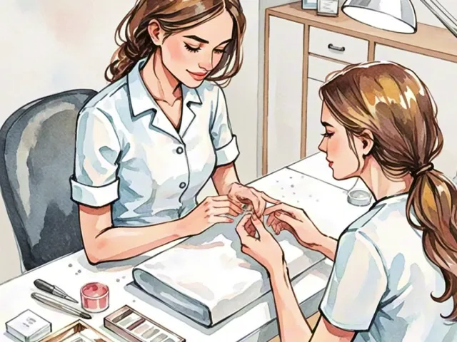 Woman getting her nails shaped and polished by a professional.