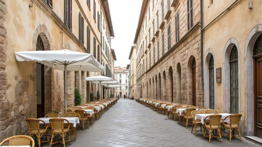 Narrow European street with café