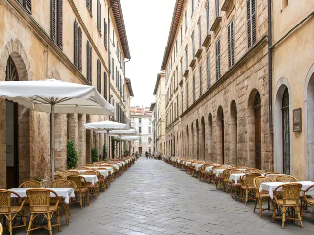 Outdoor café seating in old European alley