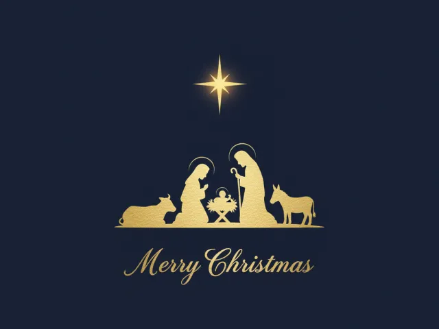 Minimal nativity scene silhouette under bright golden star on dark background