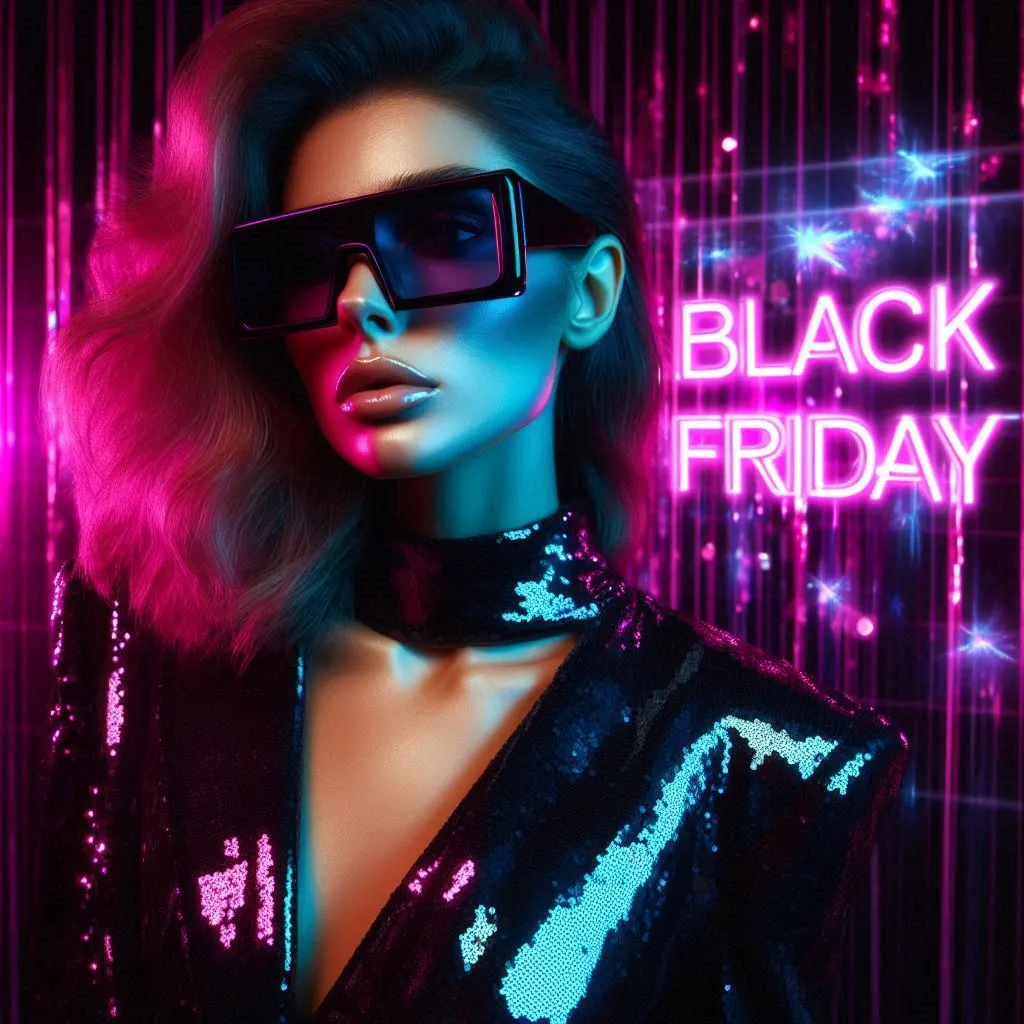 Neon Black Friday fashion woman — futuristic portrait