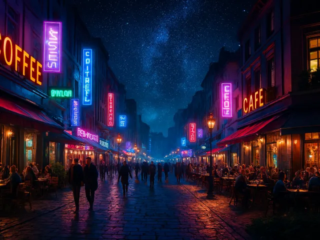 vibrant neon-lit street with cafes and nightlife