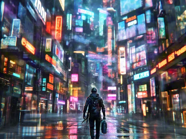 Person walking alone through bright colorful neon city at night