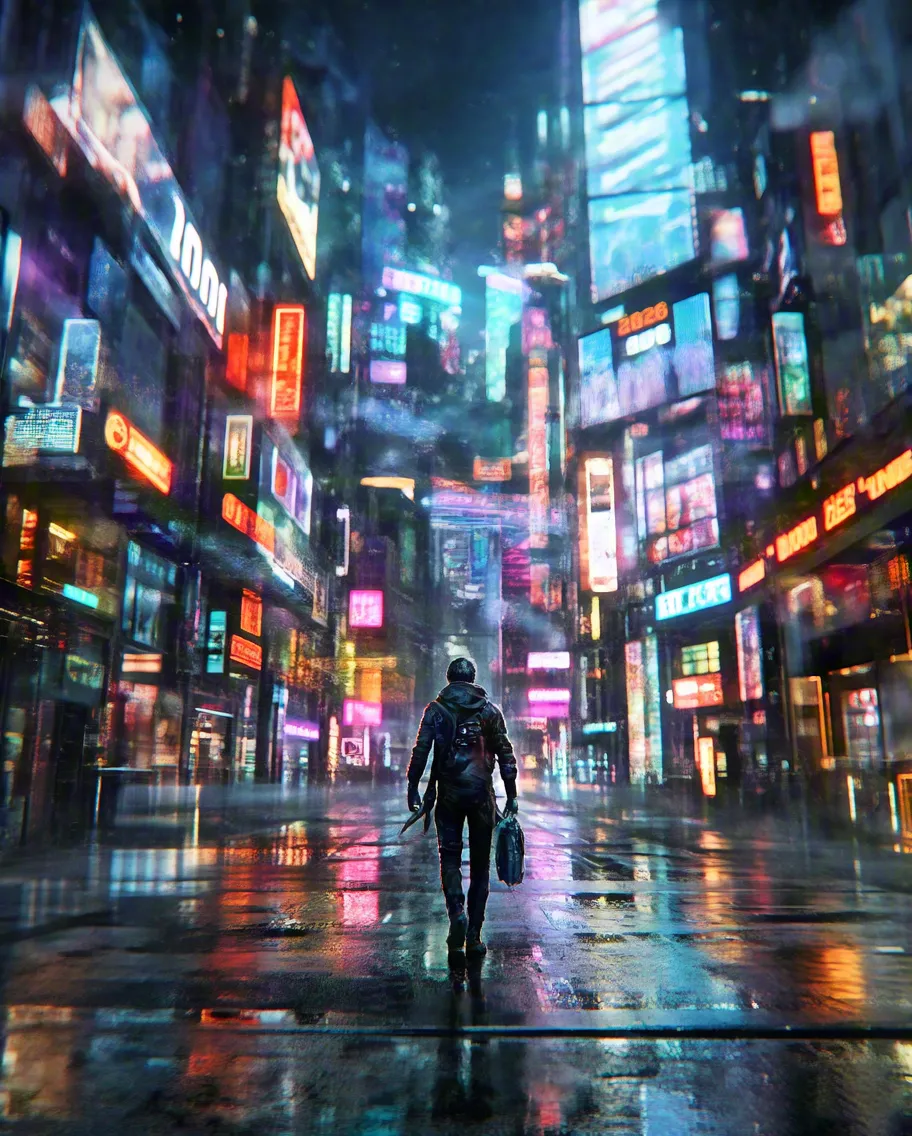 Person walking alone through bright colorful neon city at night