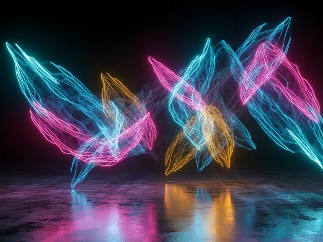 vibrant neon crystal-like shapes glowing on dark background