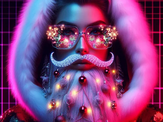 Vibrant neon Santa with glowing beard, glasses and colorful lights