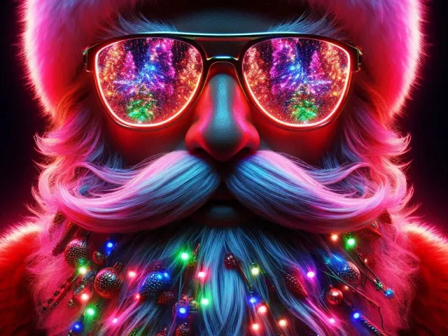 Vibrant neon Santa with glowing beard, sunglasses and colorful lights