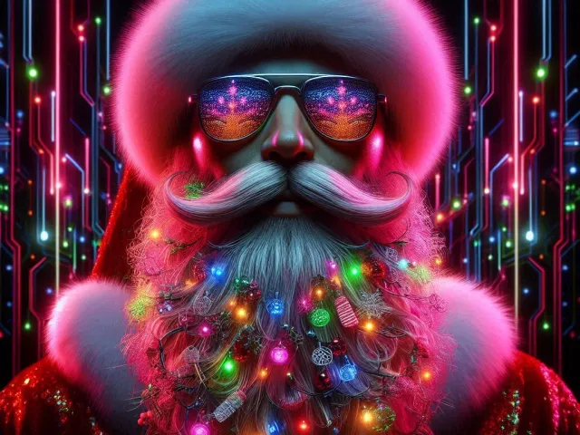 Vibrant neon Santa wearing futuristic glasses with a colorful glowing beard