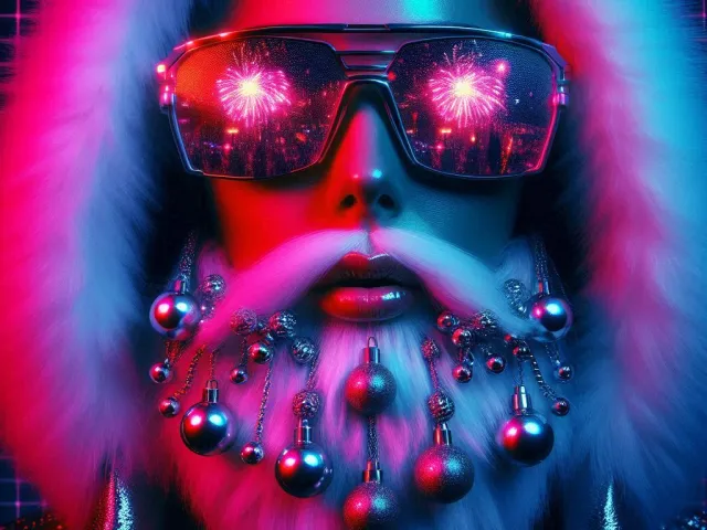 futuristic woman with neon glasses and glowing ornaments in cyberpunk winter style