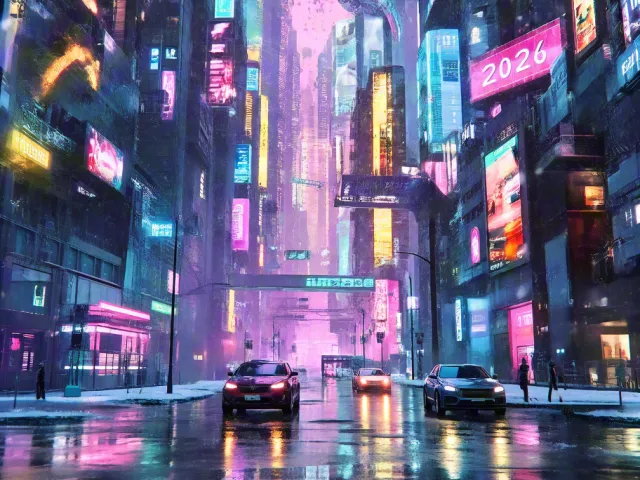 futuristic neon street with reflections and glowing signs at night