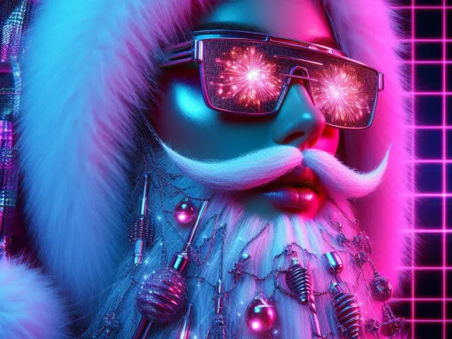 Futuristic Santa with neon beard, sunglasses and glowing cyber grid