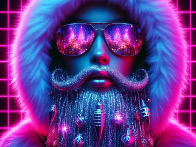 Vibrant neon Santa with glowing beard and futuristic glasses