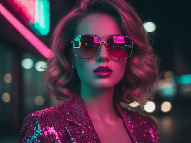 Stylish woman in pink neon lighting wearing sunglasses and shiny jacket