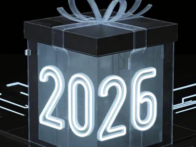 Transparent glowing gift box with illuminated 2026 inside