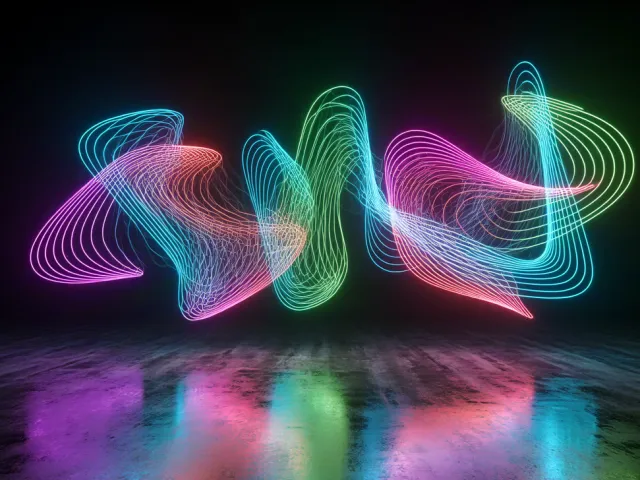 abstract glowing neon ribbons on dark reflective surface