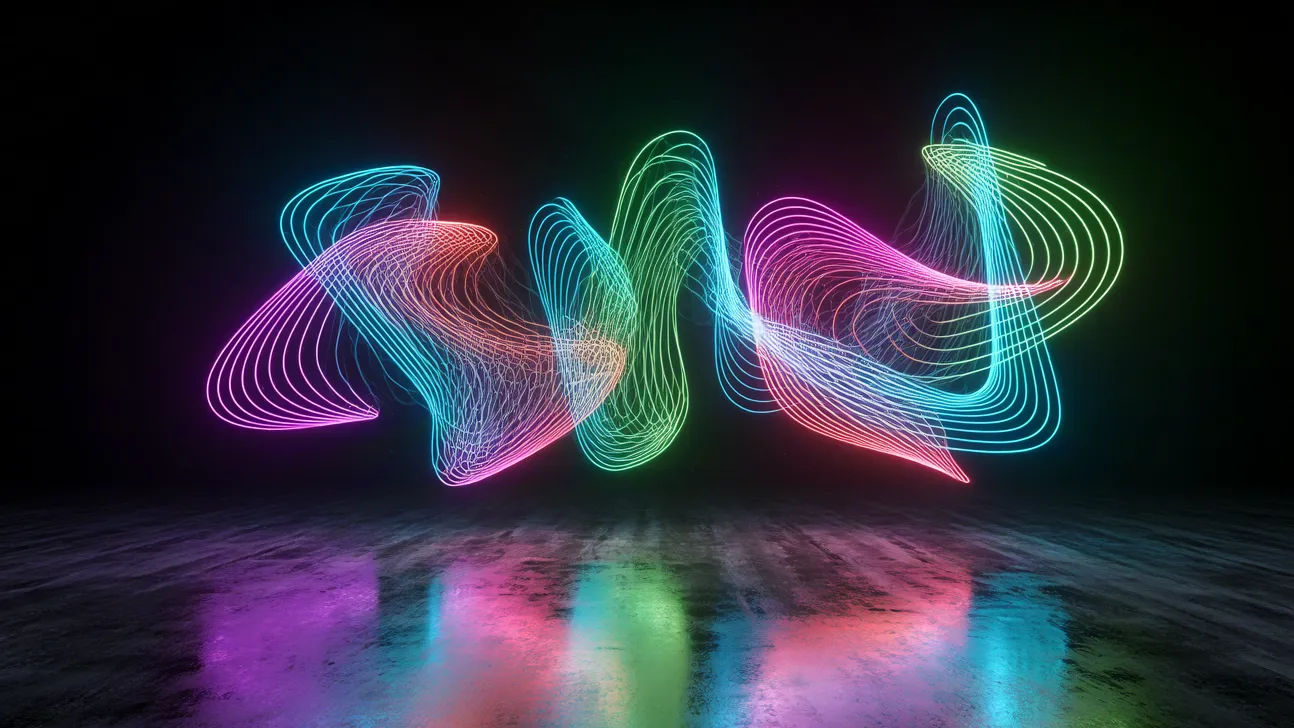 abstract glowing neon ribbons on dark reflective surface