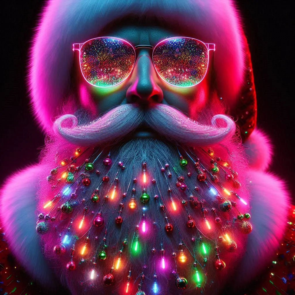 Neon Santa Claus with glowing multicolor beard lights