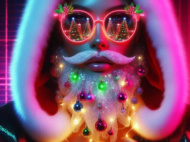 Futuristic neon Santa with glowing colors and bright festive lights