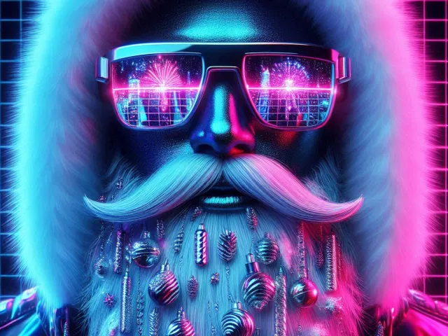 futuristic neon santa claus with glowing sunglasses and cyberpunk colors