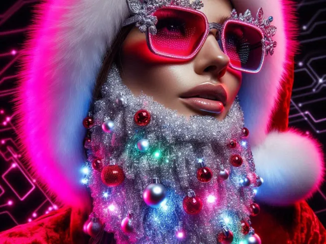 Colorful neon Santa with glowing beard and vibrant pink tones