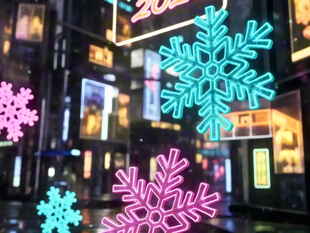 colorful neon snowflakes glowing around happy 2026 text on dark city background