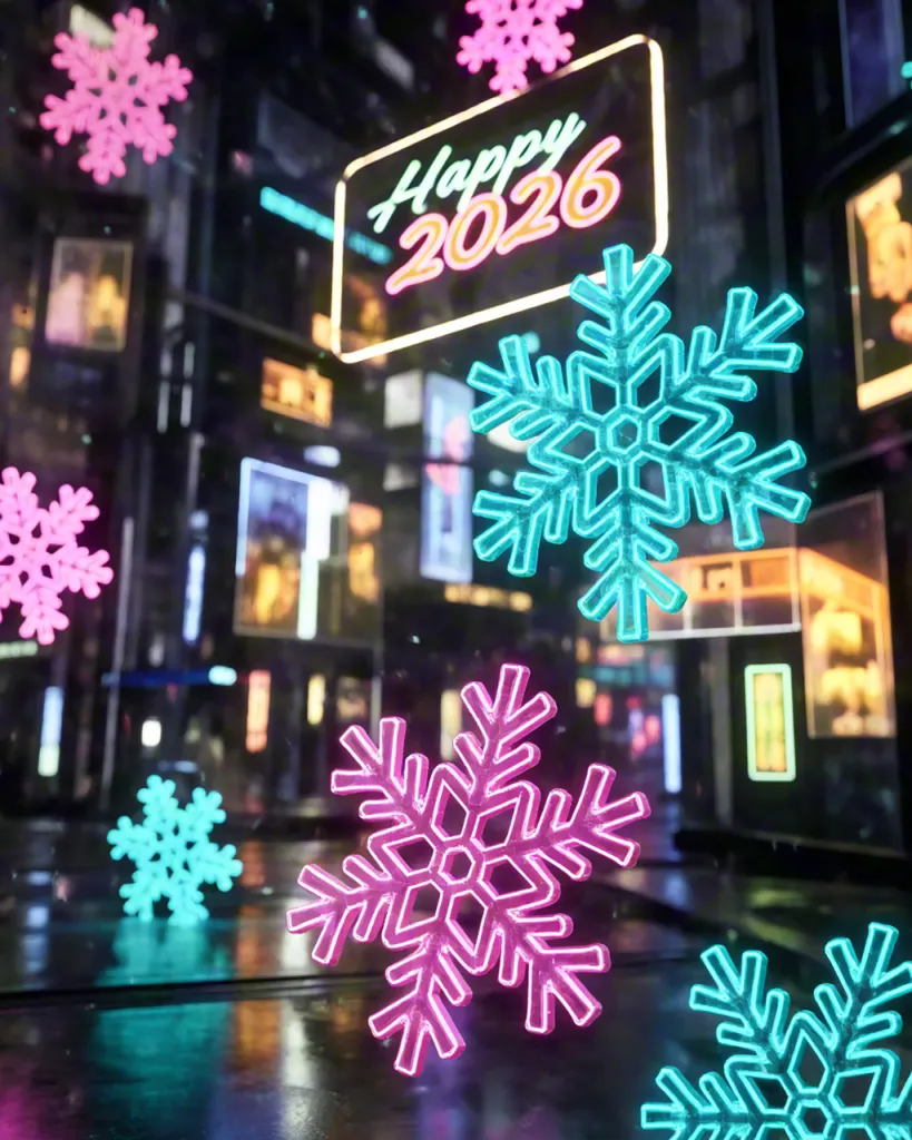 Neon Snowflakes Happy 2026 Sign