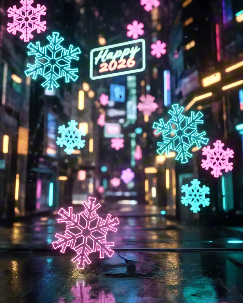 Neon snowflakes in futuristic winter street