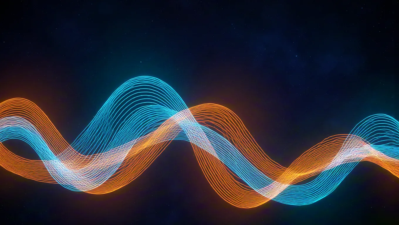 Abstract glowing neon wave lines in blue and orange on dark background.