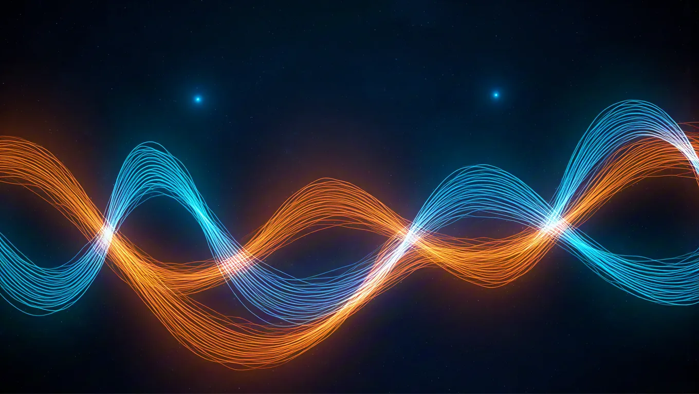 Abstract teal and blue neon wave curves glowing on dark background.