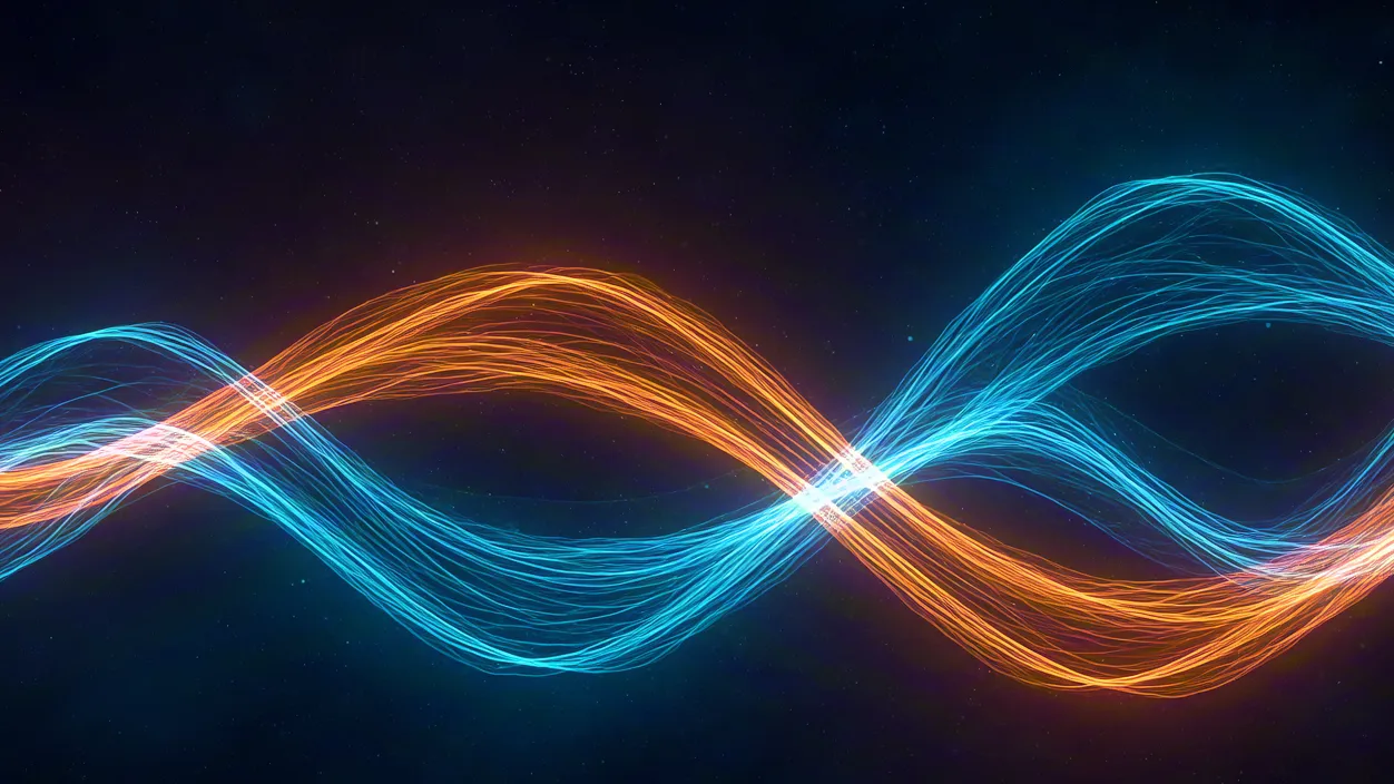 abstract neon wave trails glowing in dark space