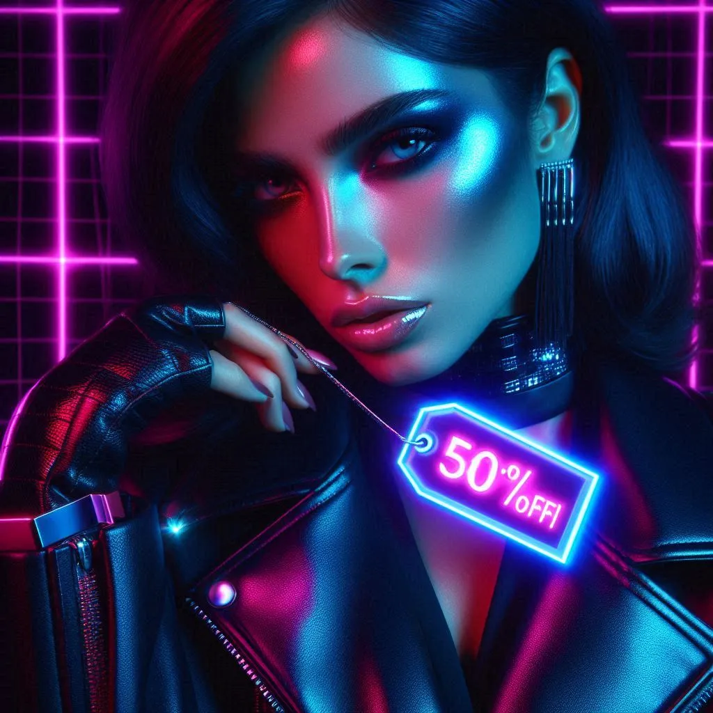 Neon woman with 50% off sign — Black Friday scene