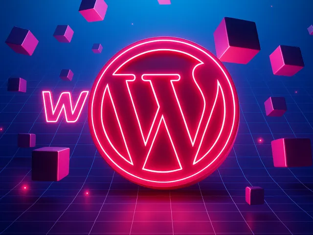 glowing pink WordPress logo in futuristic neon style