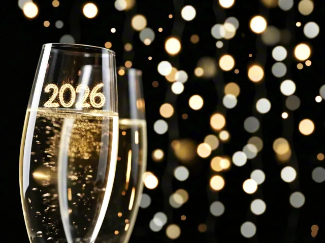 champagne glasses with 2026 text surrounded by golden festive lights