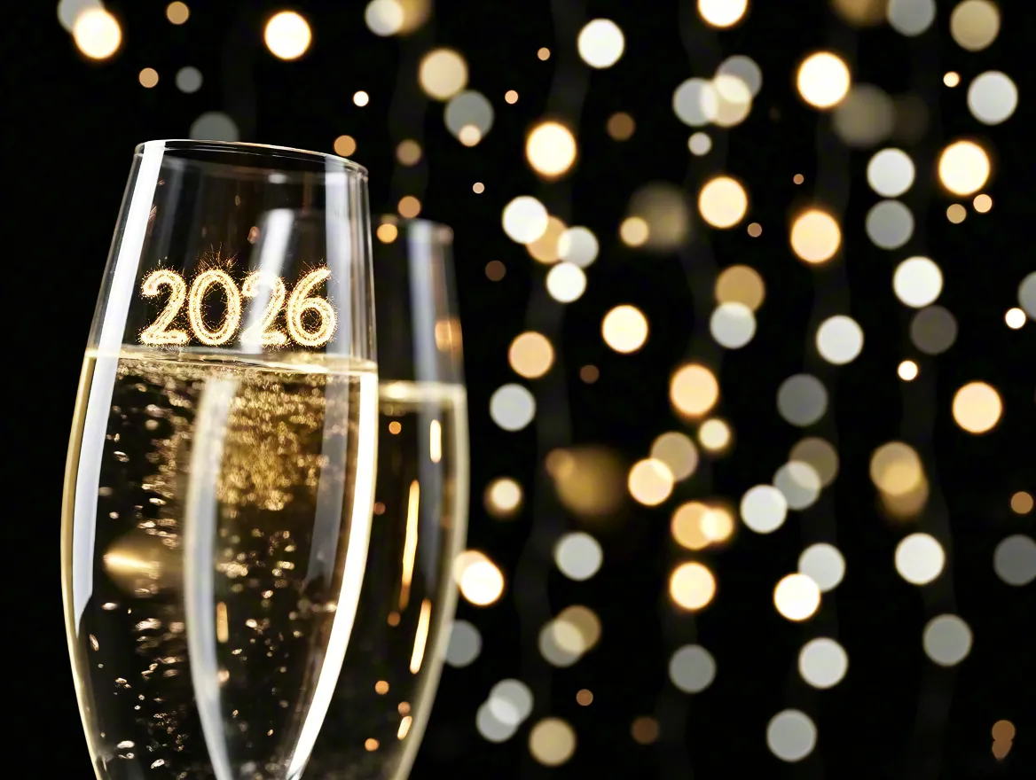 champagne glasses with 2026 text surrounded by golden festive lights