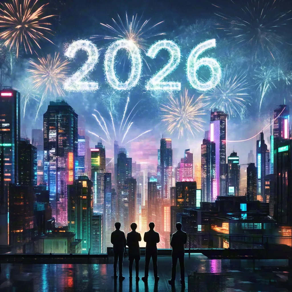 New Year 2026 fireworks over city skyline